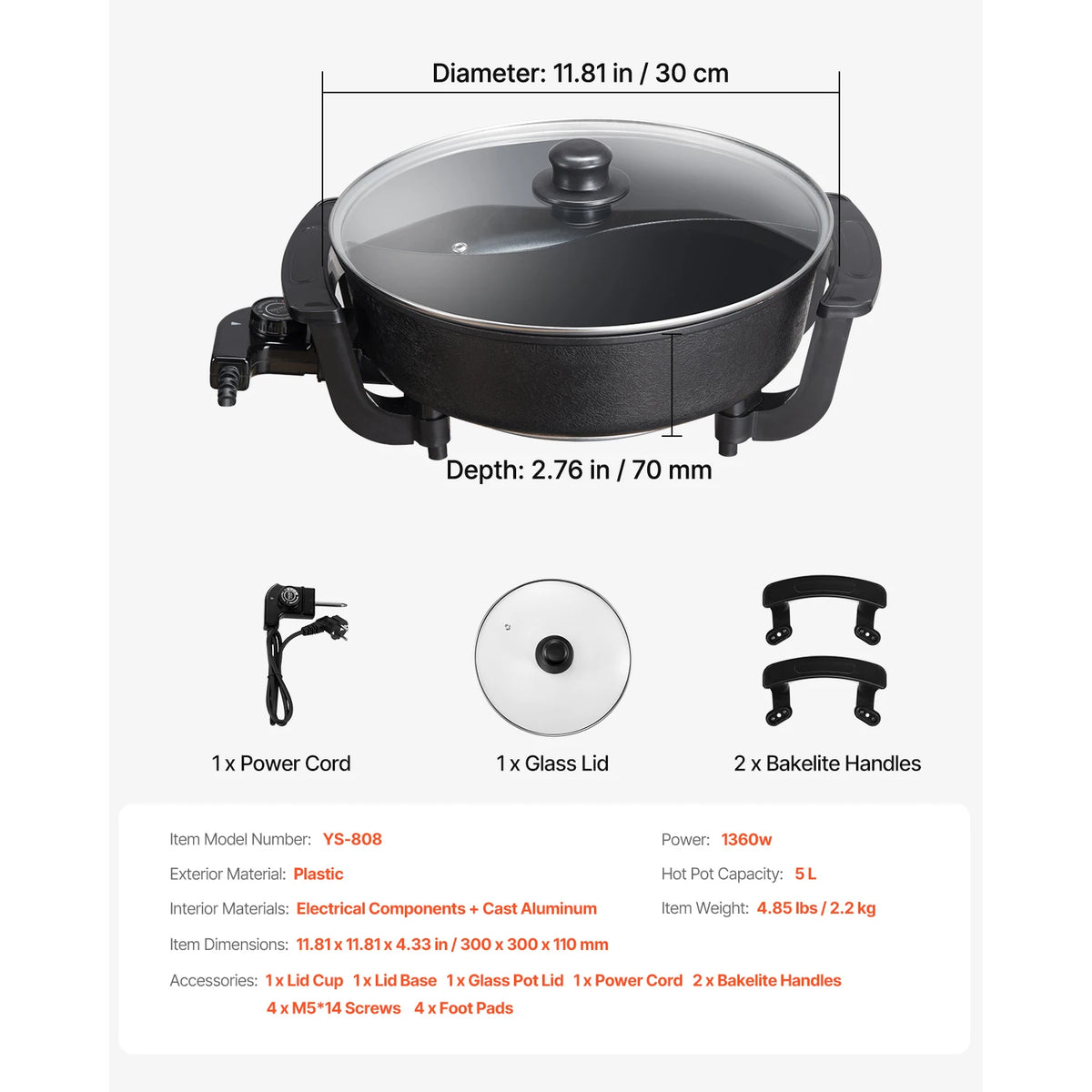 SucceBuy Dual Flavor Electric Hot Pot With Divider Glass Lid