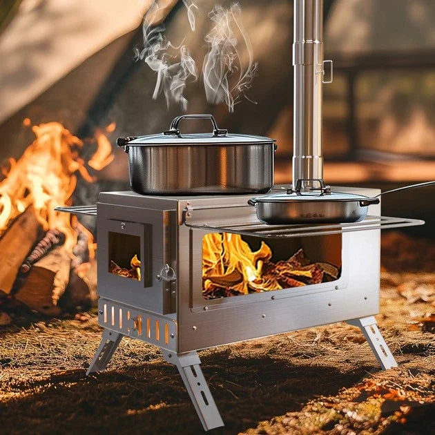 Hot Tent Stove, Unho Wood Burning Stove, Portable Wood Stove with 6 Stainless Chimney Pipes for Outdoor Heating & Cooking