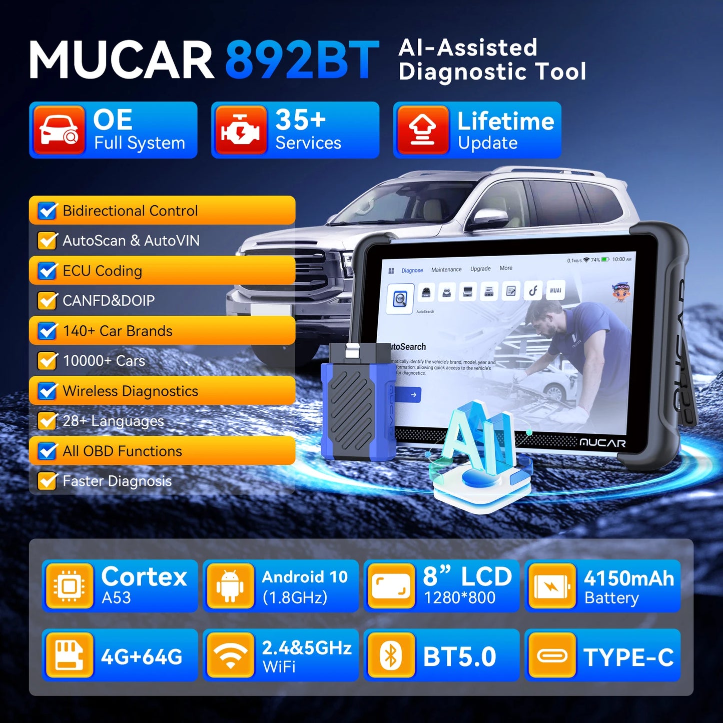 MUCAR 892BT AI Automotive Diagnostic Tool Key Programmer Bidirectional Obd2 Scanner ECU Coding CANFD DOIP 35 Resets Life Free