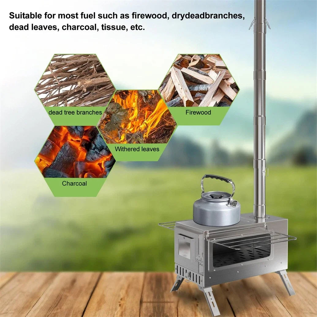 Hot Tent Stove, Unho Wood Burning Stove, Portable Wood Stove with 6 Stainless Chimney Pipes for Outdoor Heating & Cooking