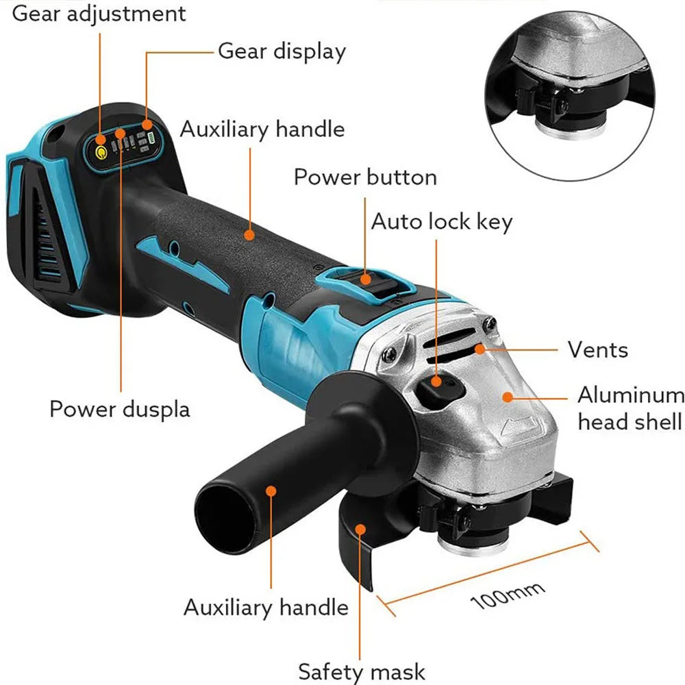 125MM Brushless Electric Angle Grinder Variable Speed M14 Cutting Machine Woodworking Power Tool for Makita 18v Battery