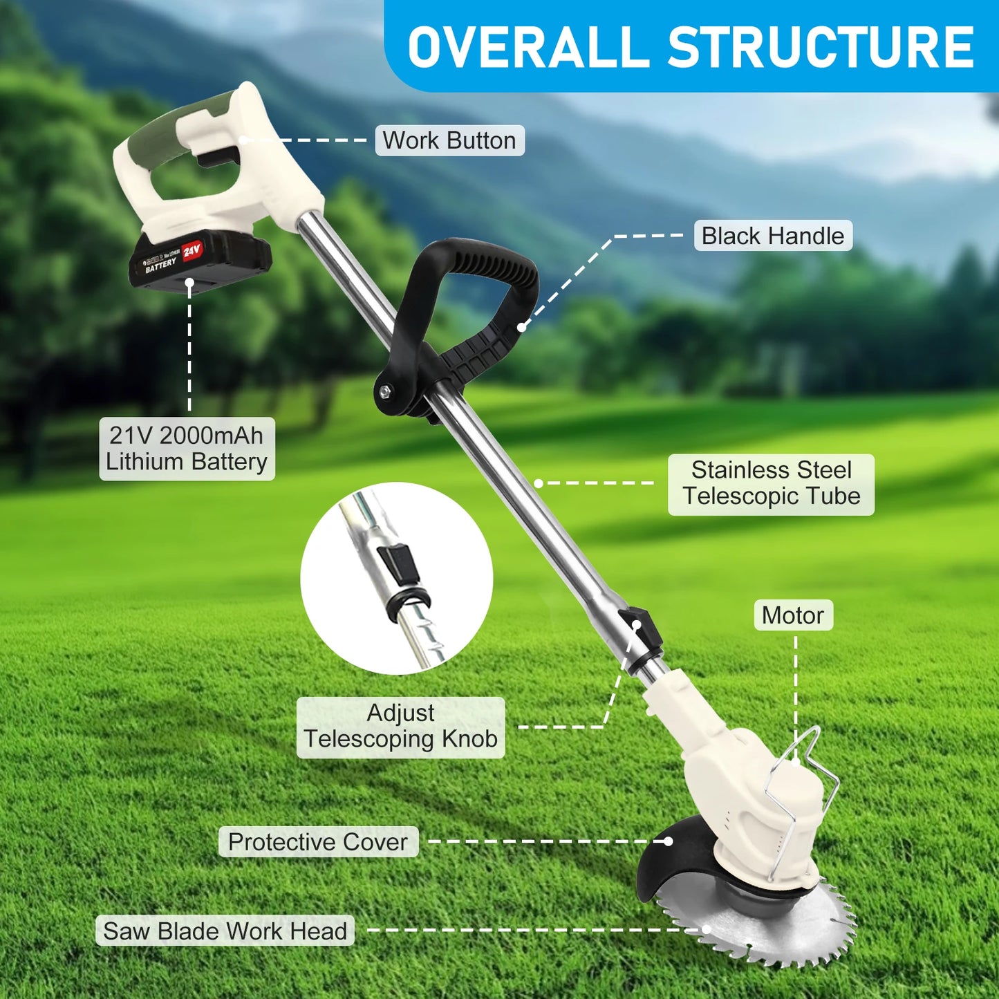 Cordless 21V Grass Trimmer 3-in-1 Mower Edger Brush Cutter