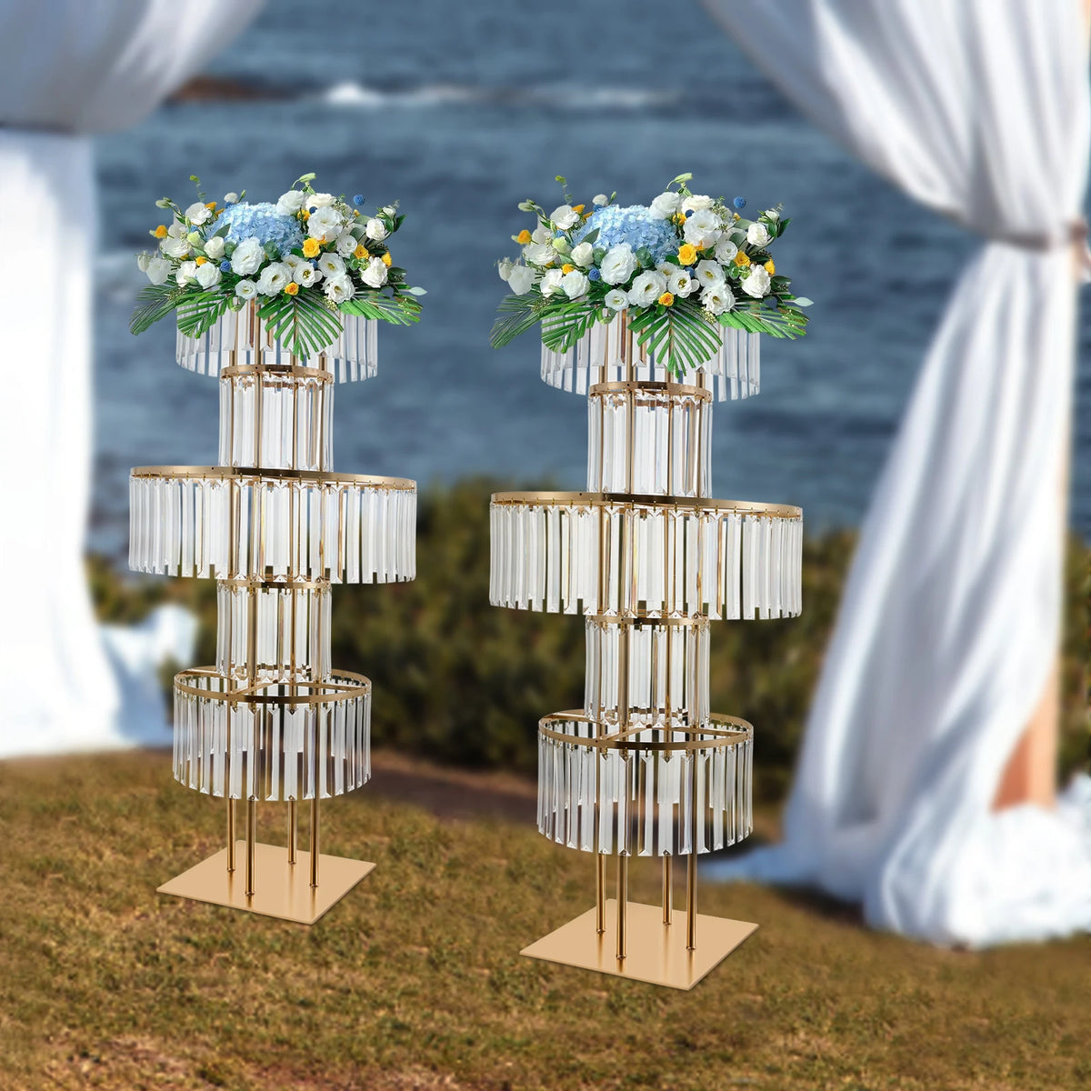 5 Tiers Crystal Flower Stand Gold/Silver 43.3 Inch Height Display Rack Aisle Guide Table Decoration Wedding Centerpiece Stand for Party Birthday Coffee Shop