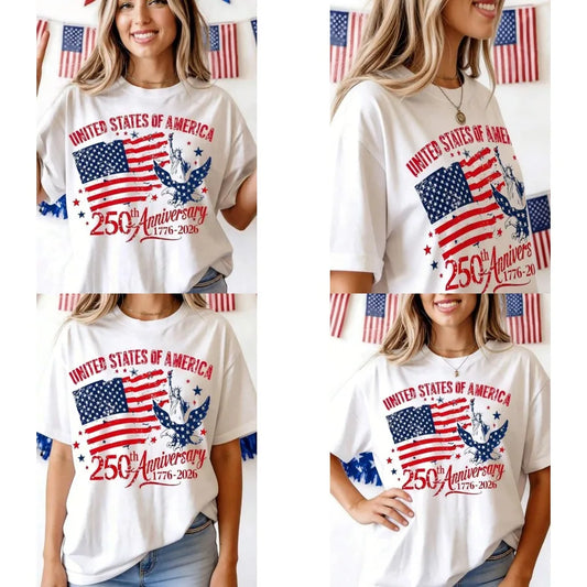 【New style】250th America Anniversary Elegant Women Clothes US 250 Years Shirt Retro Women Clothing 100 Persent Cotton Round Nec