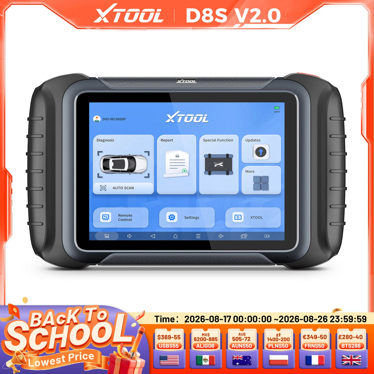 XTOOL D8S V2.0 Automotive Diagnostic Tool Online ECU Coding Topology Map Key Programming Car Scanner with 42+ Resets FCA CAN FD