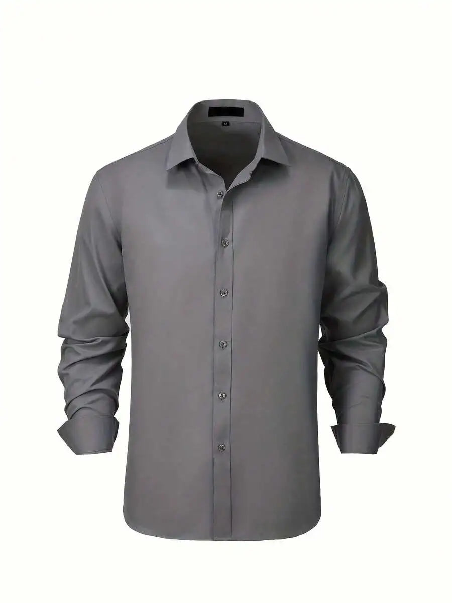 Mens Solid Color Long Sleeve Formal Shirt Casual Business Wedding Dress Up
