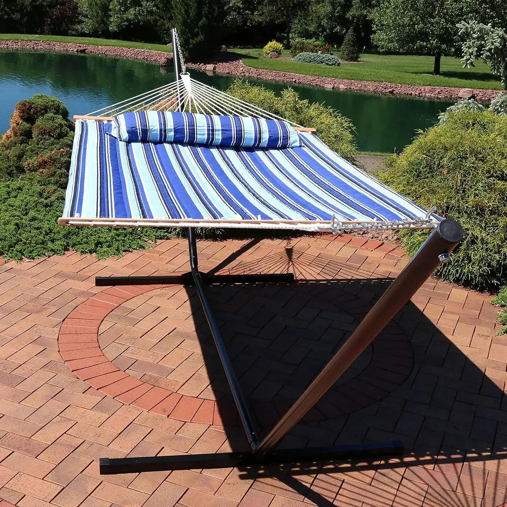 Quilted Double Hammock With Stand For Outdoor Use Heavy Duty