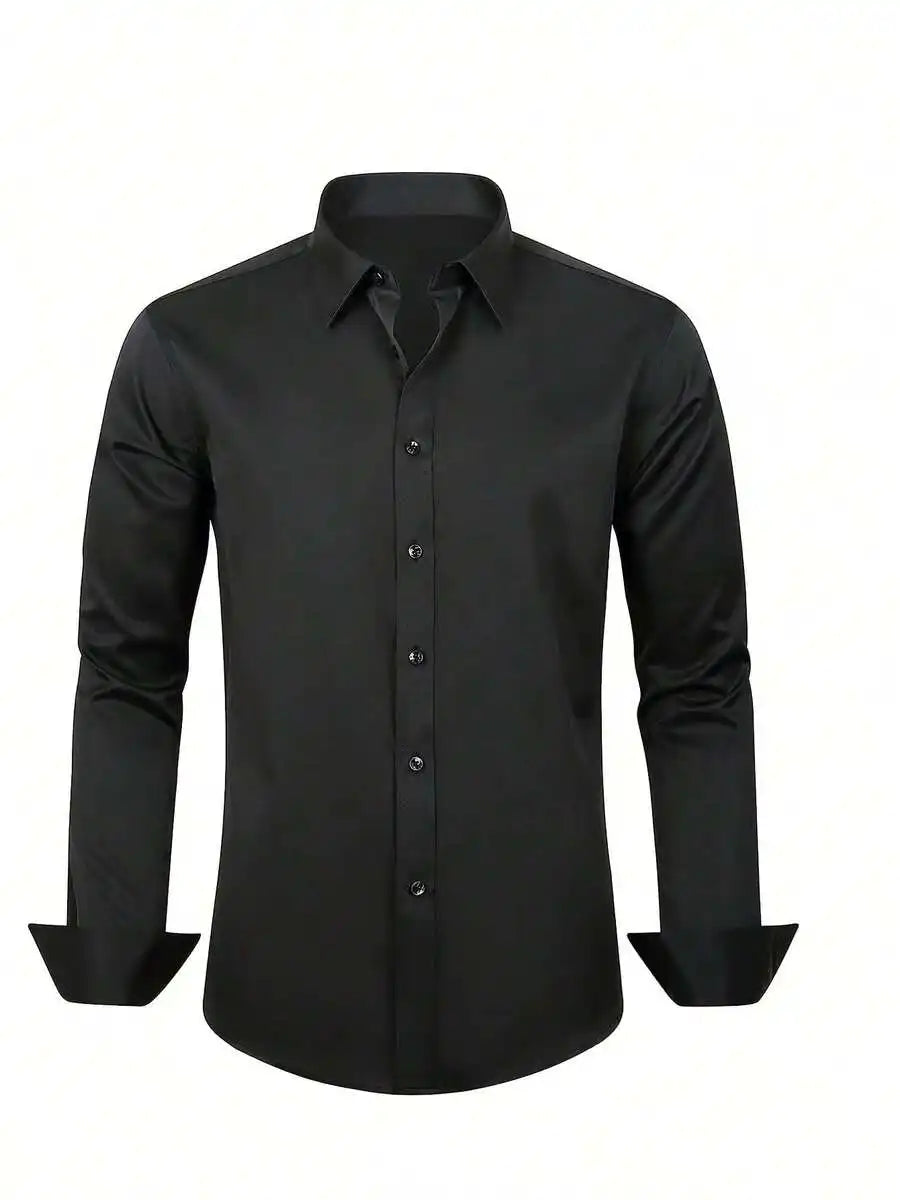 Mens Solid Color Long Sleeve Formal Shirt Casual Business Wedding Dress Up