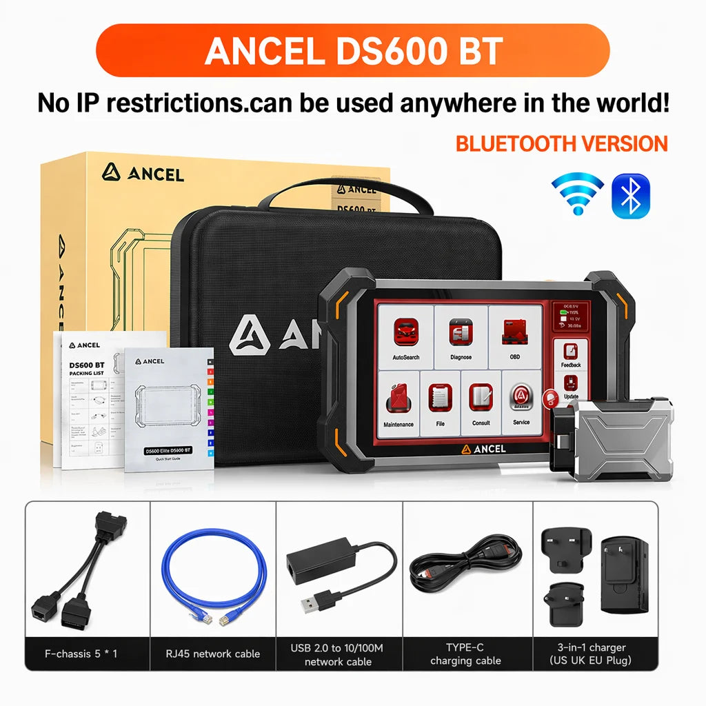 ANCEL DS600BT Automotive Diagnostic Tool CANFD DOIP ECU Coding 34+ Resets Lifetime Free Bidirectional Full System OBD2 Scanner