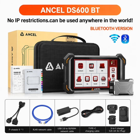 ANCEL DS600BT Automotive Diagnostic Tool CANFD DOIP ECU Coding 34+ Resets Lifetime Free Bidirectional Full System OBD2 Scanner