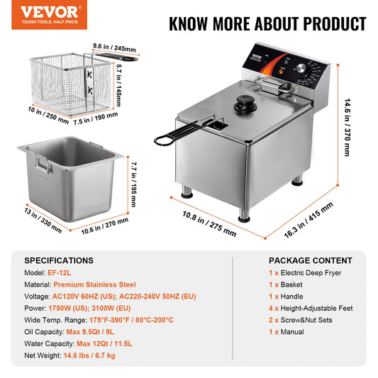 SucceBuy Commercial Deep Fryer Electric Countertop Fryer with Basket Stainless Steel Single Oil Fryer with Time & Temp Control