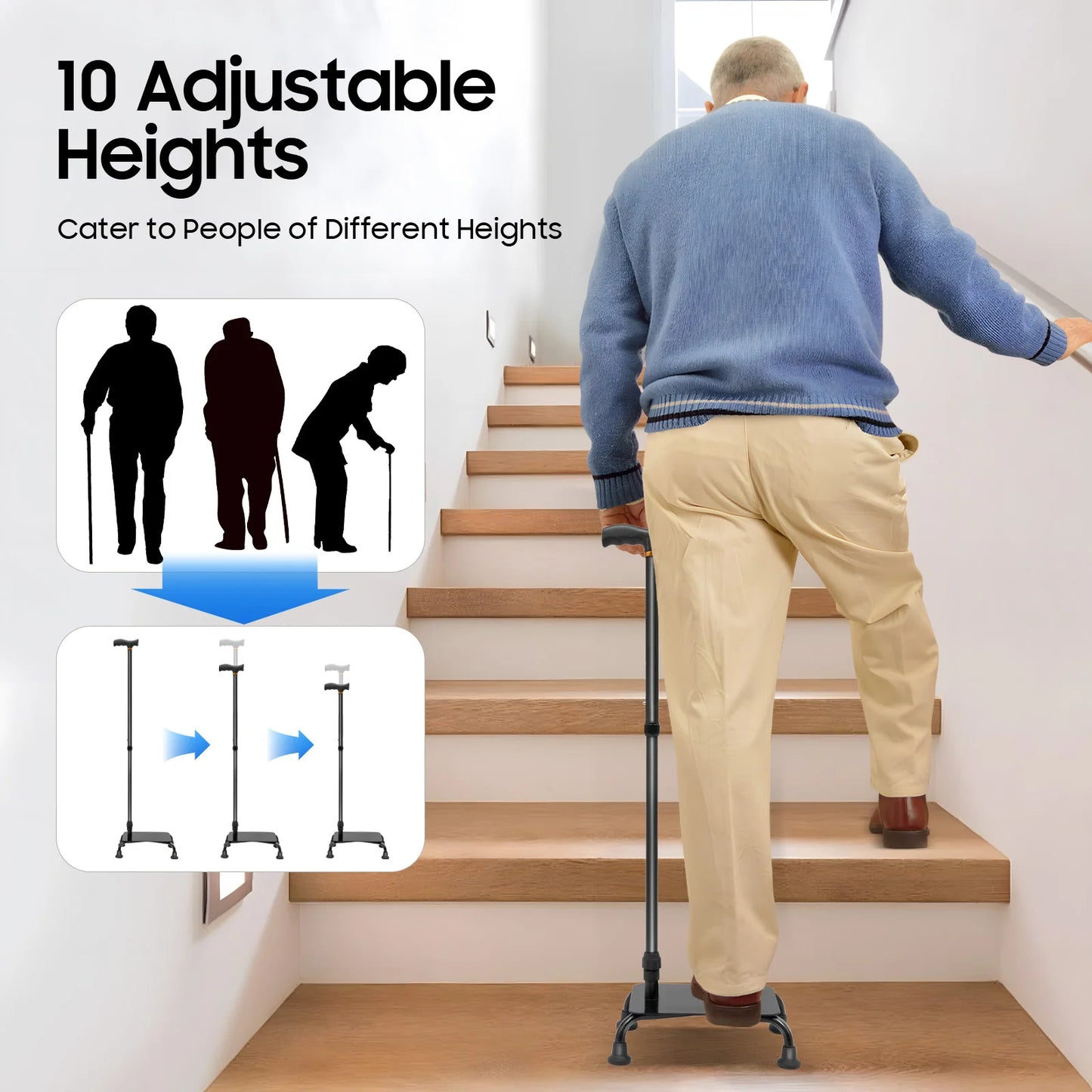 Bymaocar Four Legged Stair Assist Cane Two In One Height