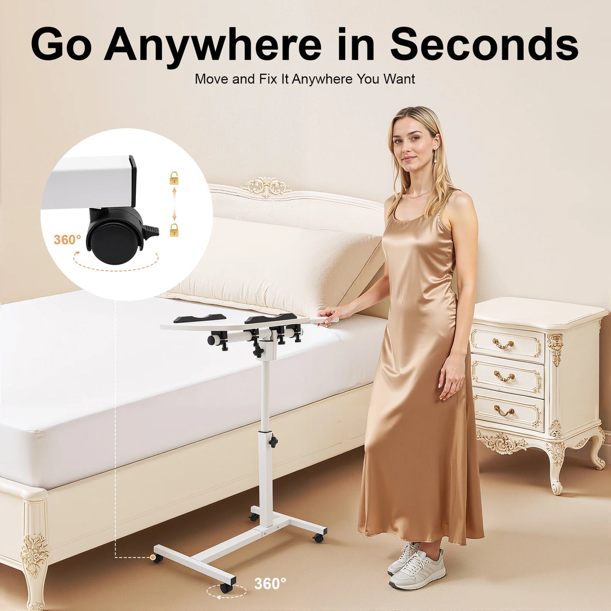 Laptop Desk Stand 360° Adjustable Tilting Overbed Table Computer Table C Shape Notebook Stand with 4 Lockable Wheels for Bed Sofa Office