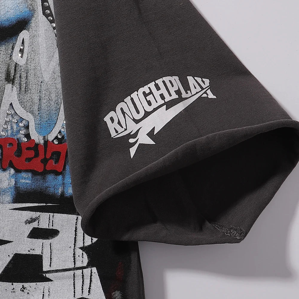 R001 New American Style RoughPlay Splicing Shinning Diamond 100% Cotton Short Sleeve Tshirts for Men Women Crew Neck Loose Summer T-shirt Oversized Tees