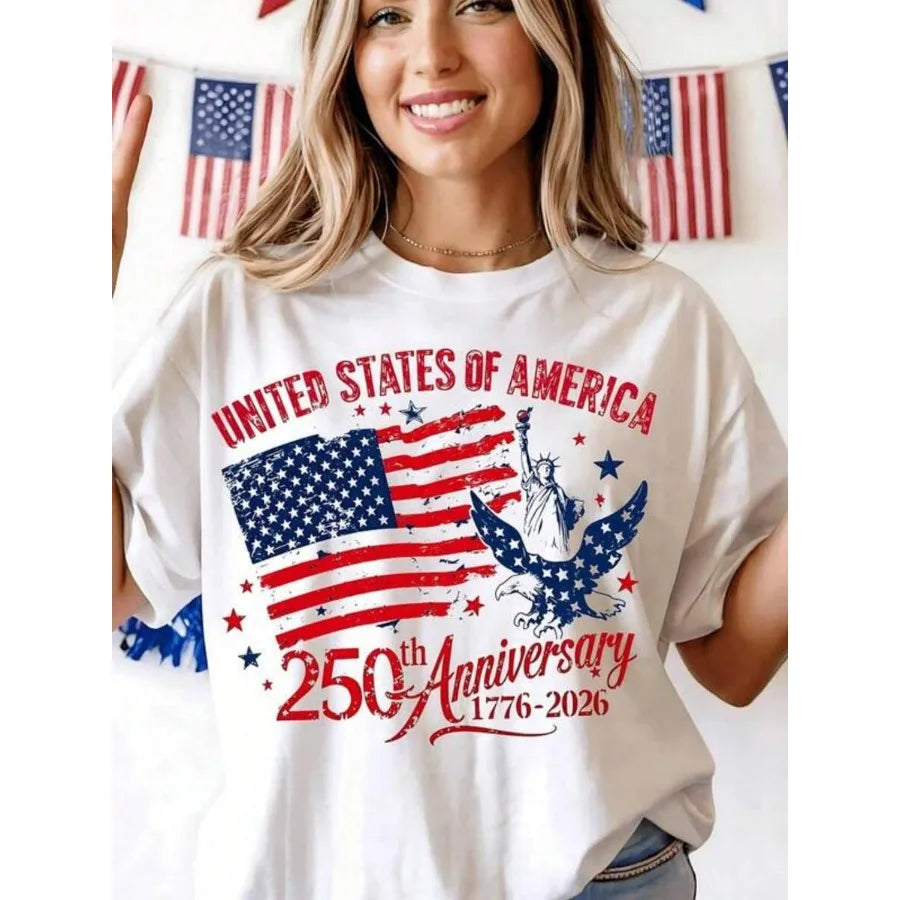 【New style】250th America Anniversary Elegant Women Clothes US 250 Years Shirt Retro Women Clothing 100 Persent Cotton Round Nec