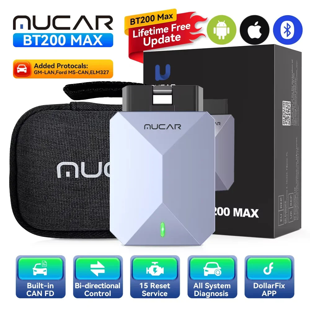 MUCAR BT200 MAX AI Automotive Tools OBD2 Bluetooth Scanner Bi-directional CANFD 15 Reset Full System For All Cars Lifetime Free
