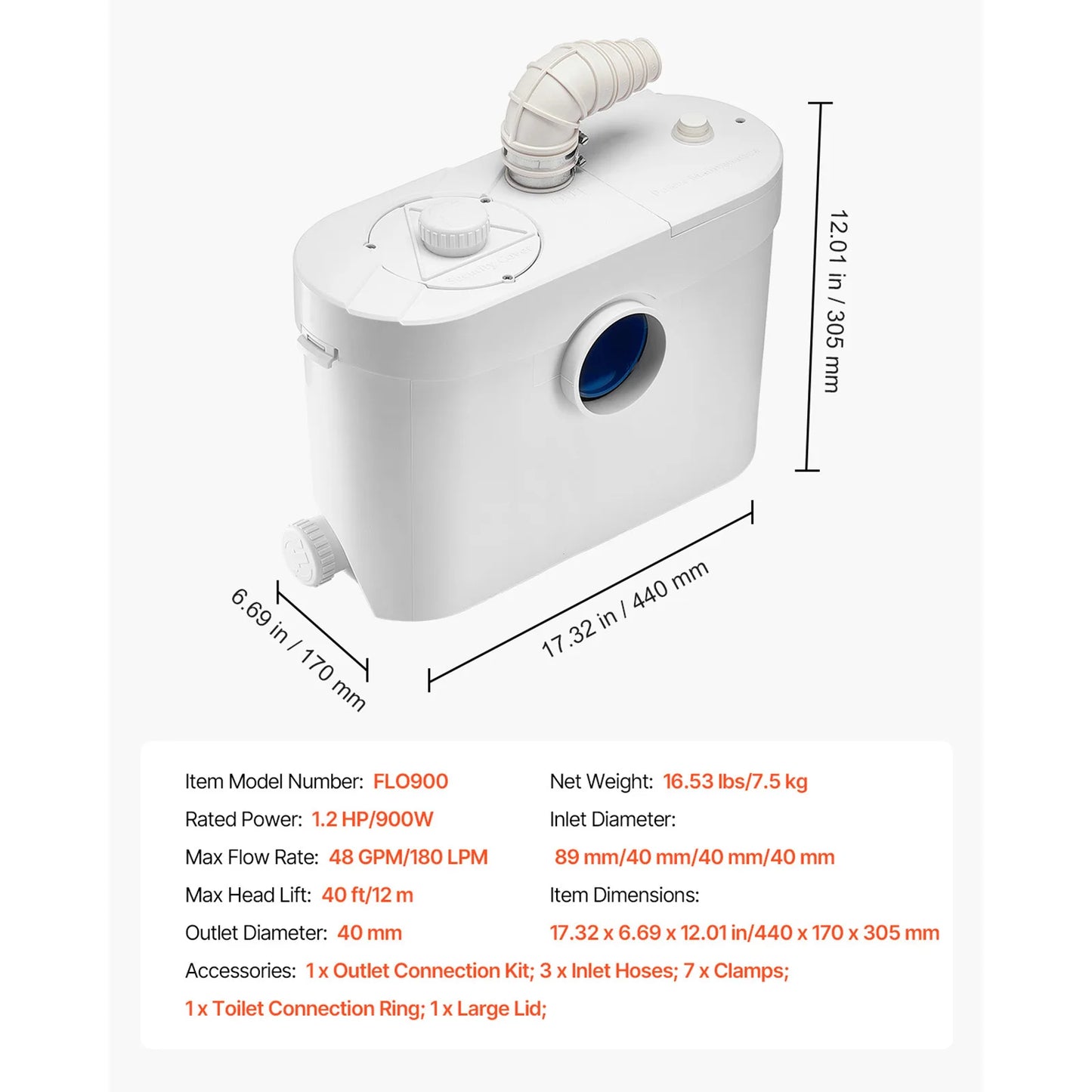 SucceBuy Macerator Pump 500W/700W/900W/1200W Waste Water Disposal Upflush Machine for Toilet, Basement, Shower, Laundry, Bathtub