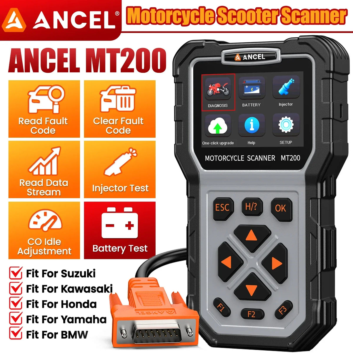 ANCEL MT200 Motorcycle OBD2 Scanner Code Reader Engine ABS Diagnostic Tool Battery Testing For Yamaha/Honda/Suzuki Motor Tool
