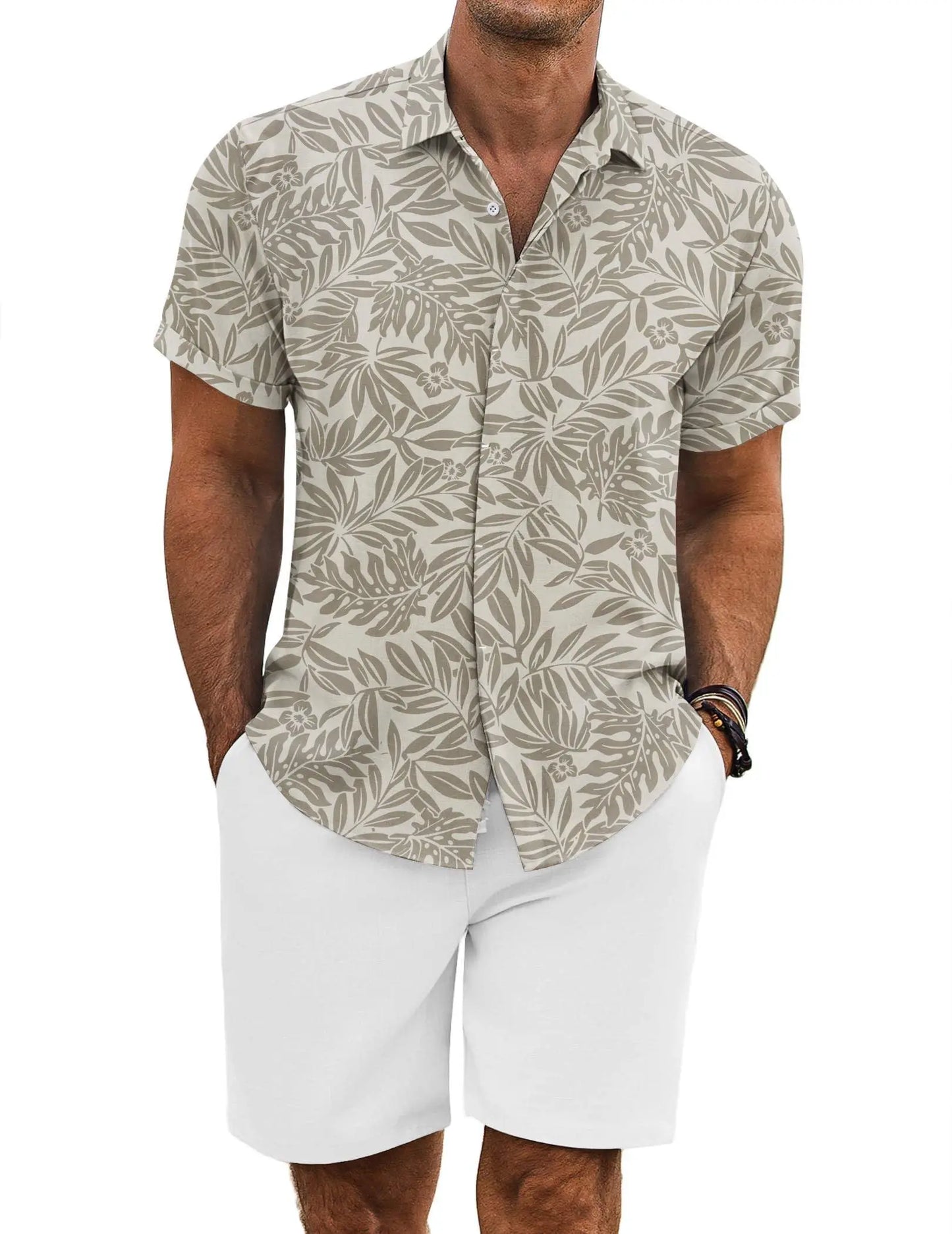 COOFANDY Men's Summer Beach Outfits 2 Piece Short Sleeve Shirts and Shorts Vacation Texture Linen Sets for Men