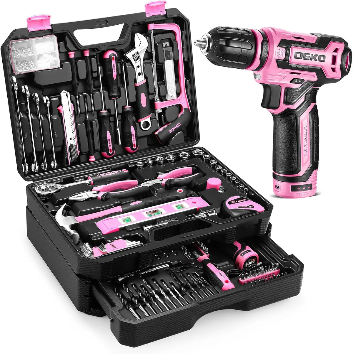 DEKO Home Mechanic Toolbox With Cordless Drill And Storage Drawer
