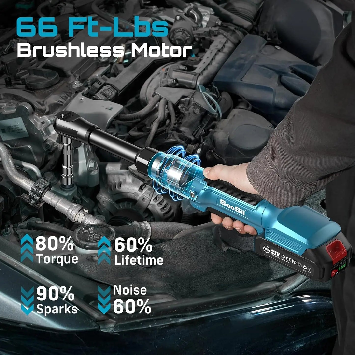 SEESII 3/8" 21V Cordless Electric Wrench 80Nm 6.3'' Extended Electric Ratchet Wrench Rechargeable Angle Wrench Car Repair Tools for Makita 18v Battery Pin