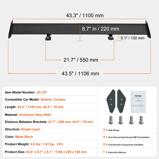 SucceBuy GT Wing Car Spoiler 43.3 inch Universal Spoiler with Single Deck Adjustable Lightweight Aluminum Car Rear Spoiler Wing
