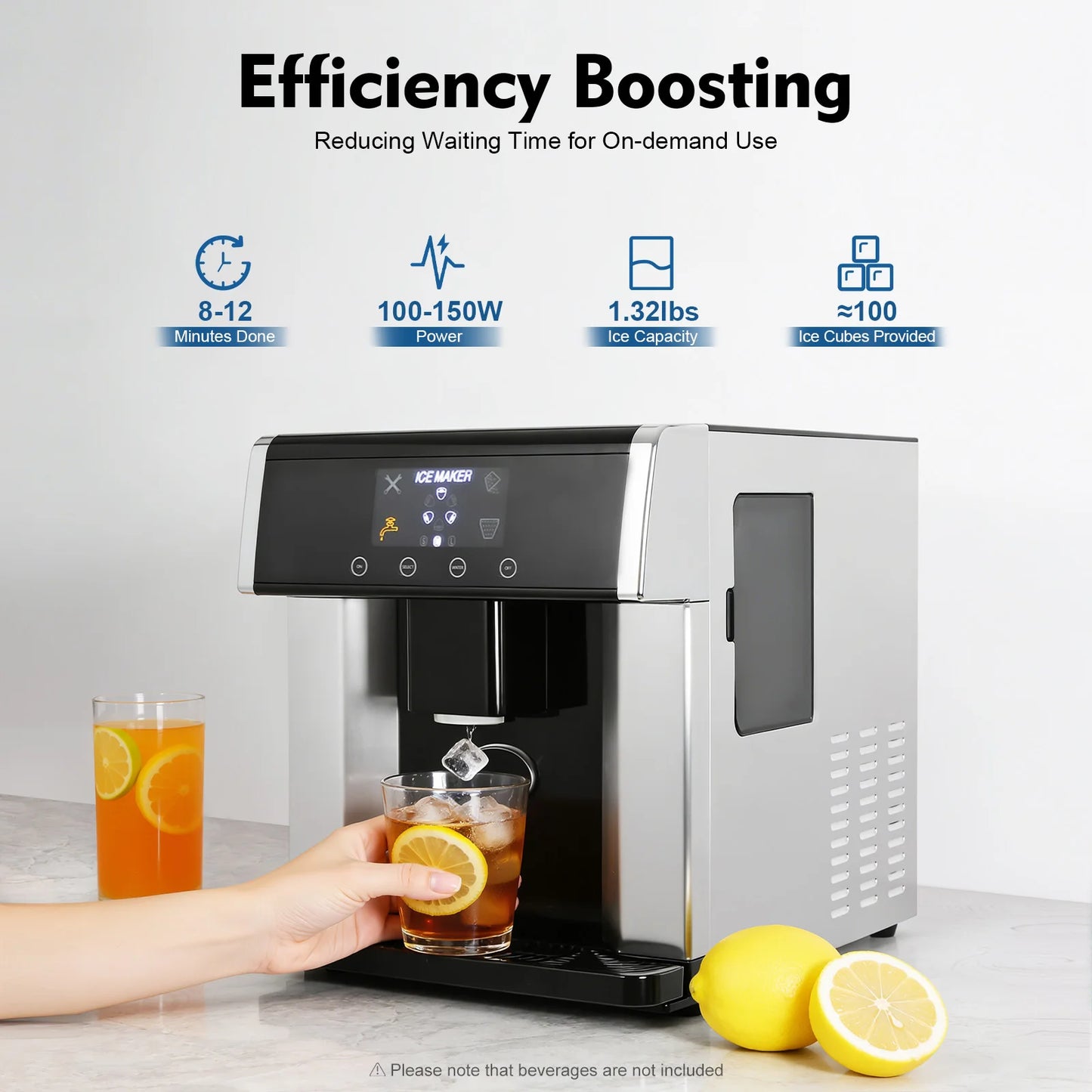 2‑in‑1 Ice Maker Dispenser 8‑12min 10‑15kg/Day 1.32lbs Touch Control Self‑Cleaning for Home Office Cafe Kitchen and Party