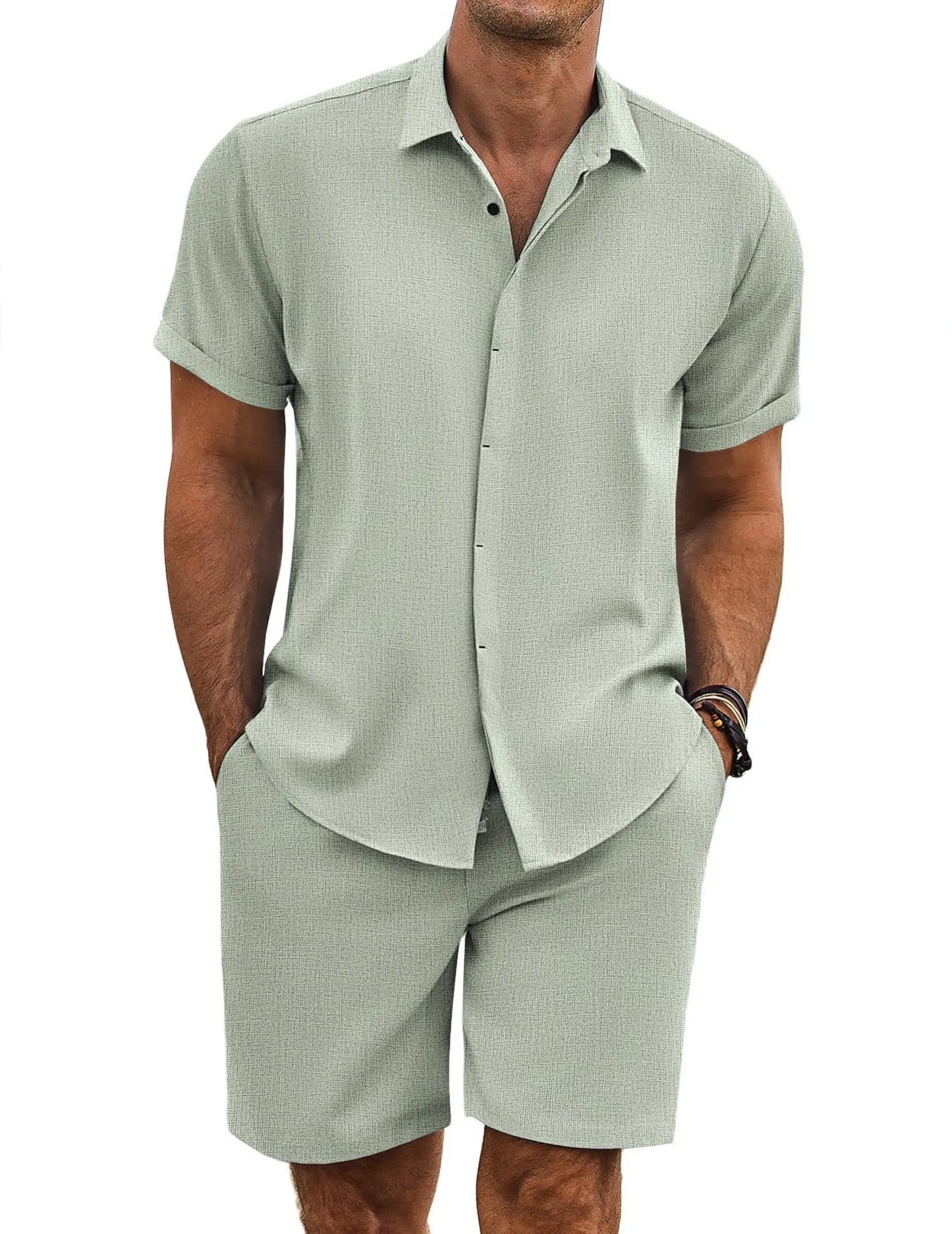 COOFANDY Men's Summer Beach Outfits 2 Piece Short Sleeve Shirts and Shorts Vacation Texture Linen Sets for Men