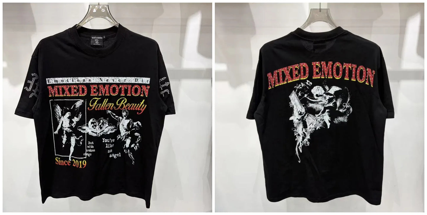 New MIXED-EMOTION Rhinestone printed pattern 100% cotton Men Women T-shirt Loose casual Shinning Diamond Tees Oversized Top