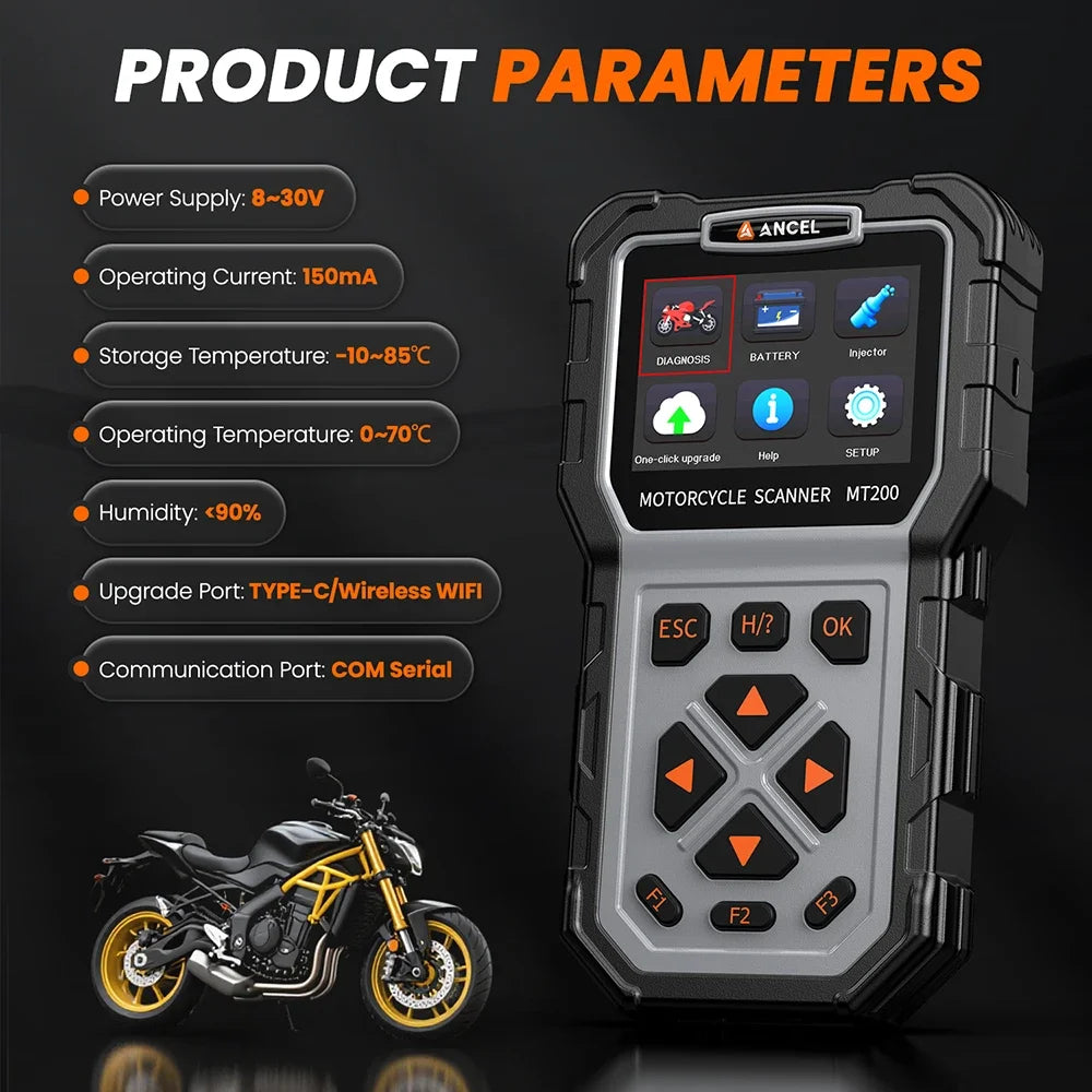 ANCEL MT200 Motorcycle OBD2 Scanner Code Reader Engine ABS Diagnostic Tool Battery Testing For Yamaha/Honda/Suzuki Motor Tool