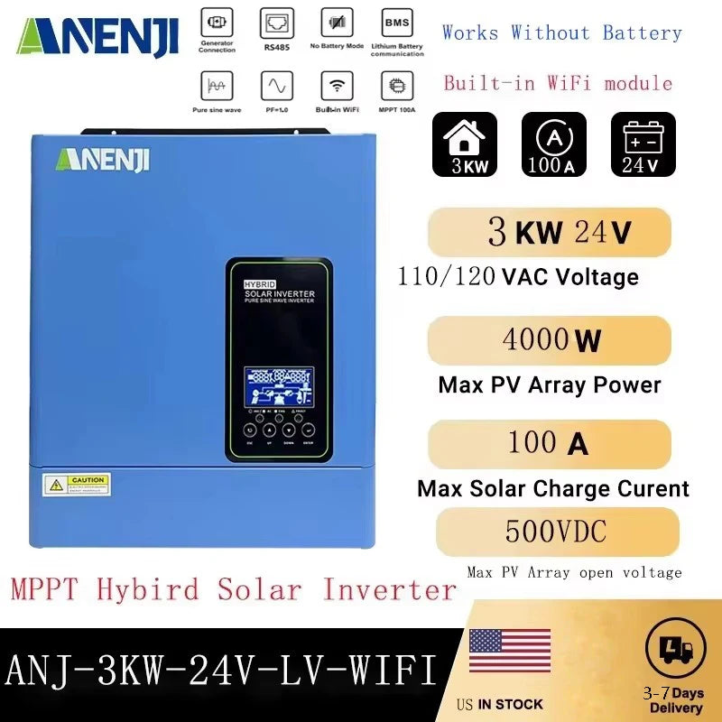 Anenji 3KW Hybrid Solar Inverter Pure Sine Wave MPPT Charger