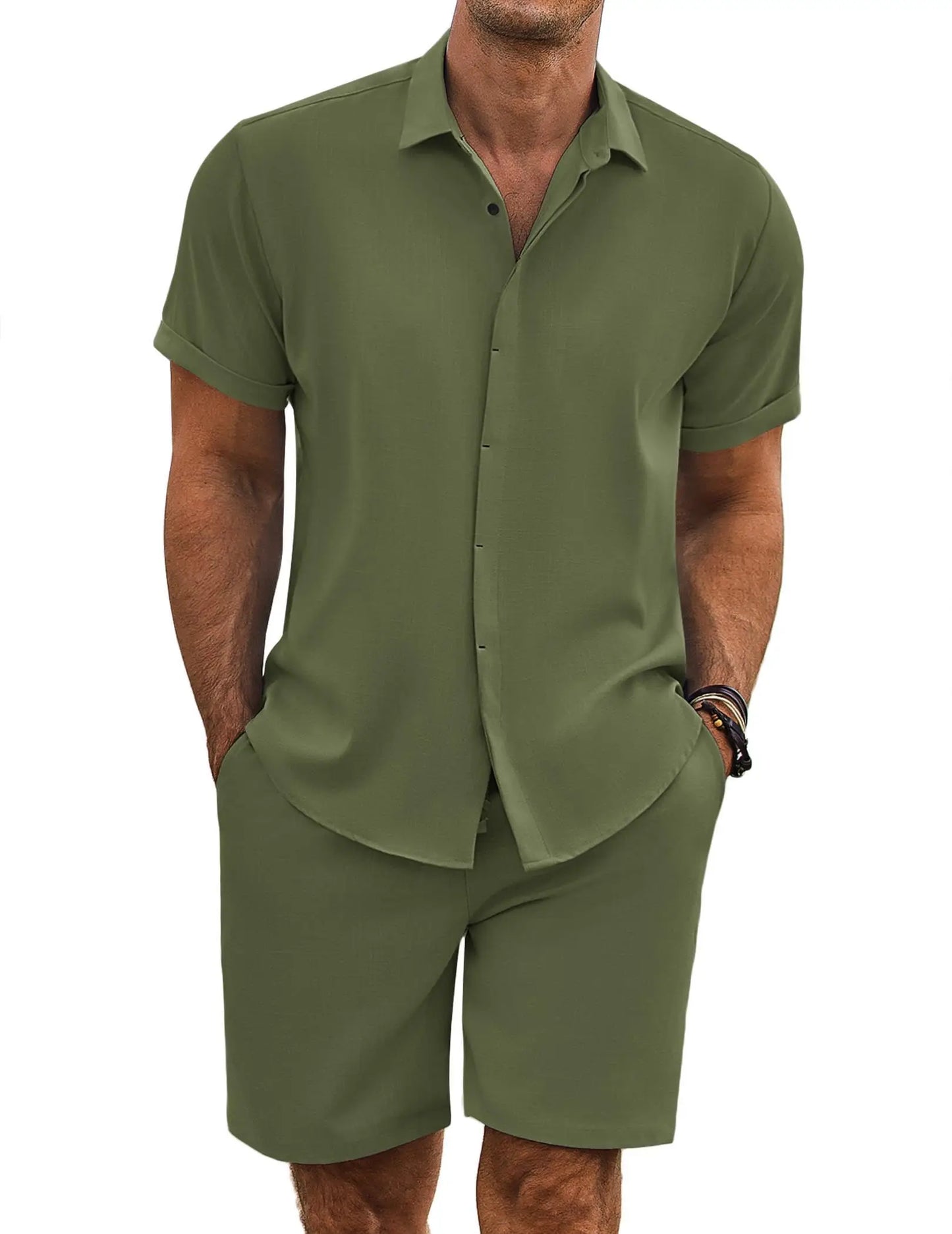 COOFANDY Men's Summer Beach Outfits 2 Piece Short Sleeve Shirts and Shorts Vacation Texture Linen Sets for Men