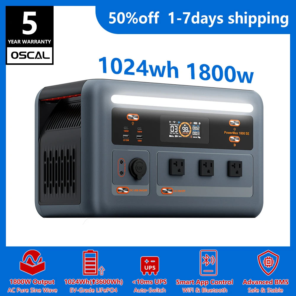 OSCAL PowerMax 1800W Portable Power Station 1024Wh LiFePO4 UPS