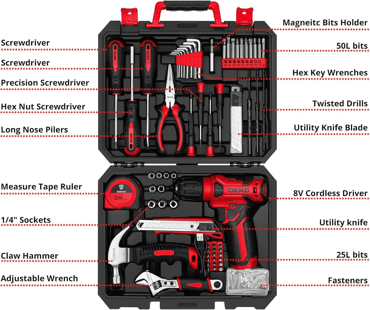 DEKO 126 Piece Cordless Drill Set Essential Household Kit