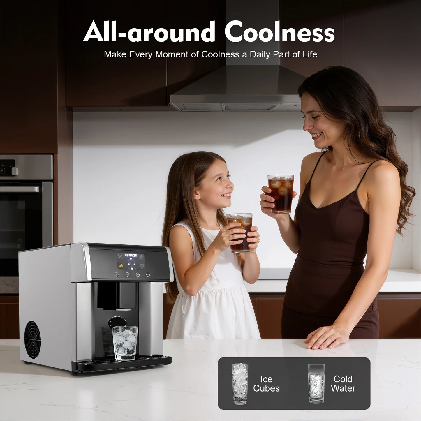 2‑in‑1 Ice Maker Dispenser 8‑12min 10‑15kg/Day 1.32lbs Touch Control Self‑Cleaning for Home Office Cafe Kitchen and Party