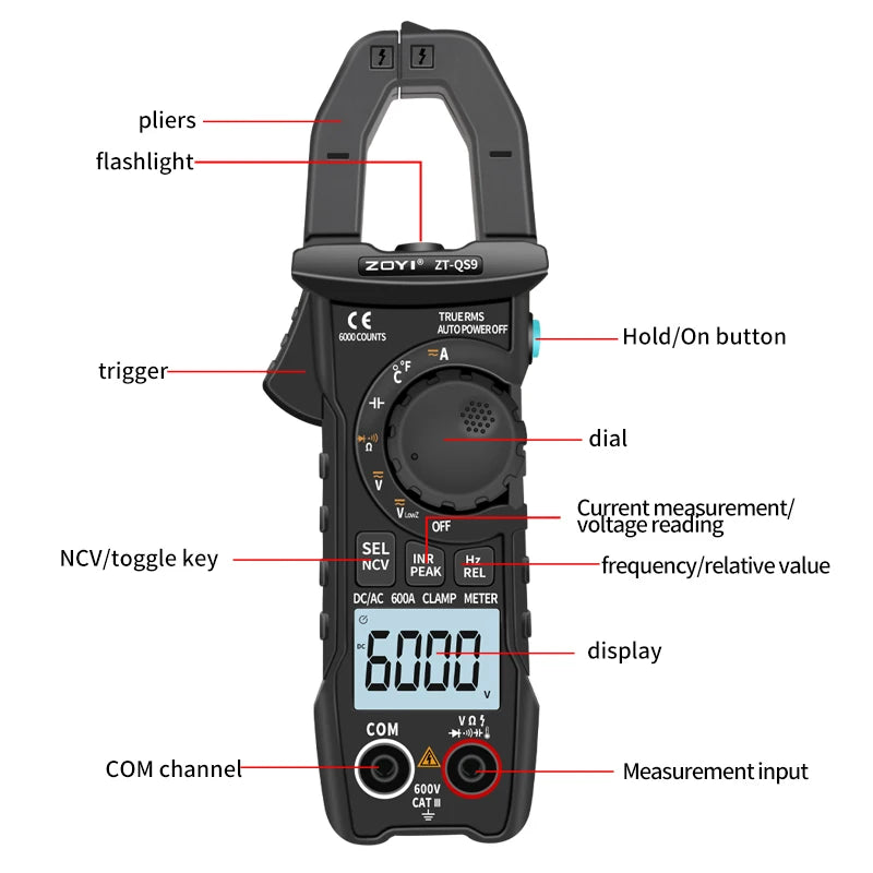 ZOYI Digital Clamp Meter 600A True RMS Auto Range Multimeter
