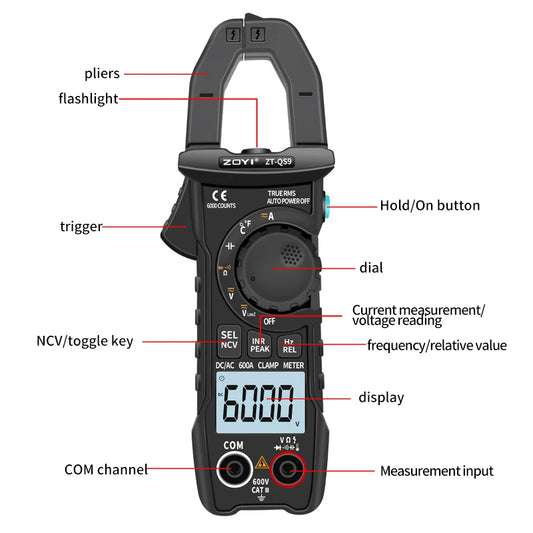 ZOYI Digital Clamp Meter 600A True RMS Auto Range Multimeter