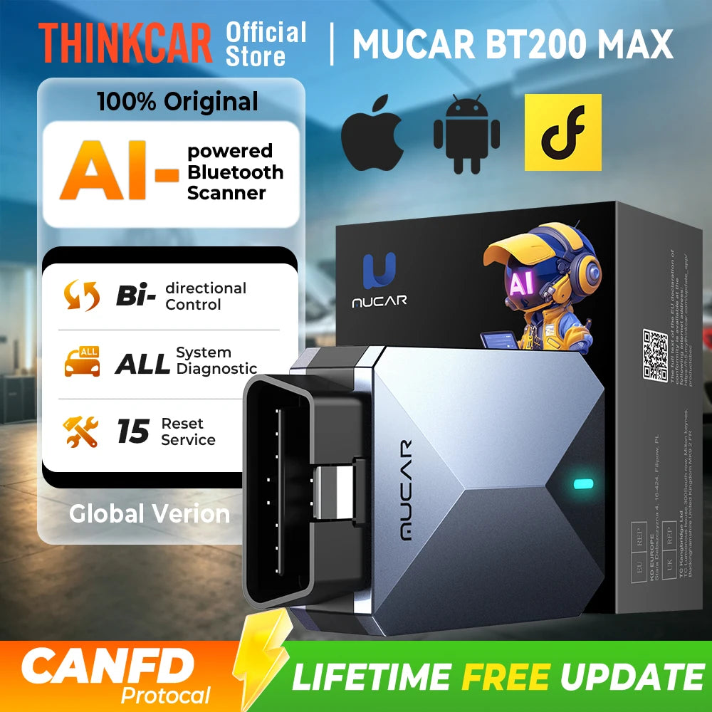 MUCAR BT200 MAX AI Automotive Tools OBD2 Bluetooth Scanner Bi-directional CANFD 15 Reset Full System For All Cars Lifetime Free
