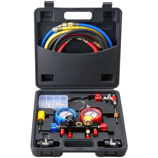 SucceBuy 4 Way AC Gauge-AC Manifold Gauge Set 5ft Hoses for R134A/R22/R12/R410A Work on Car Auto Freon Charging and Evacuation