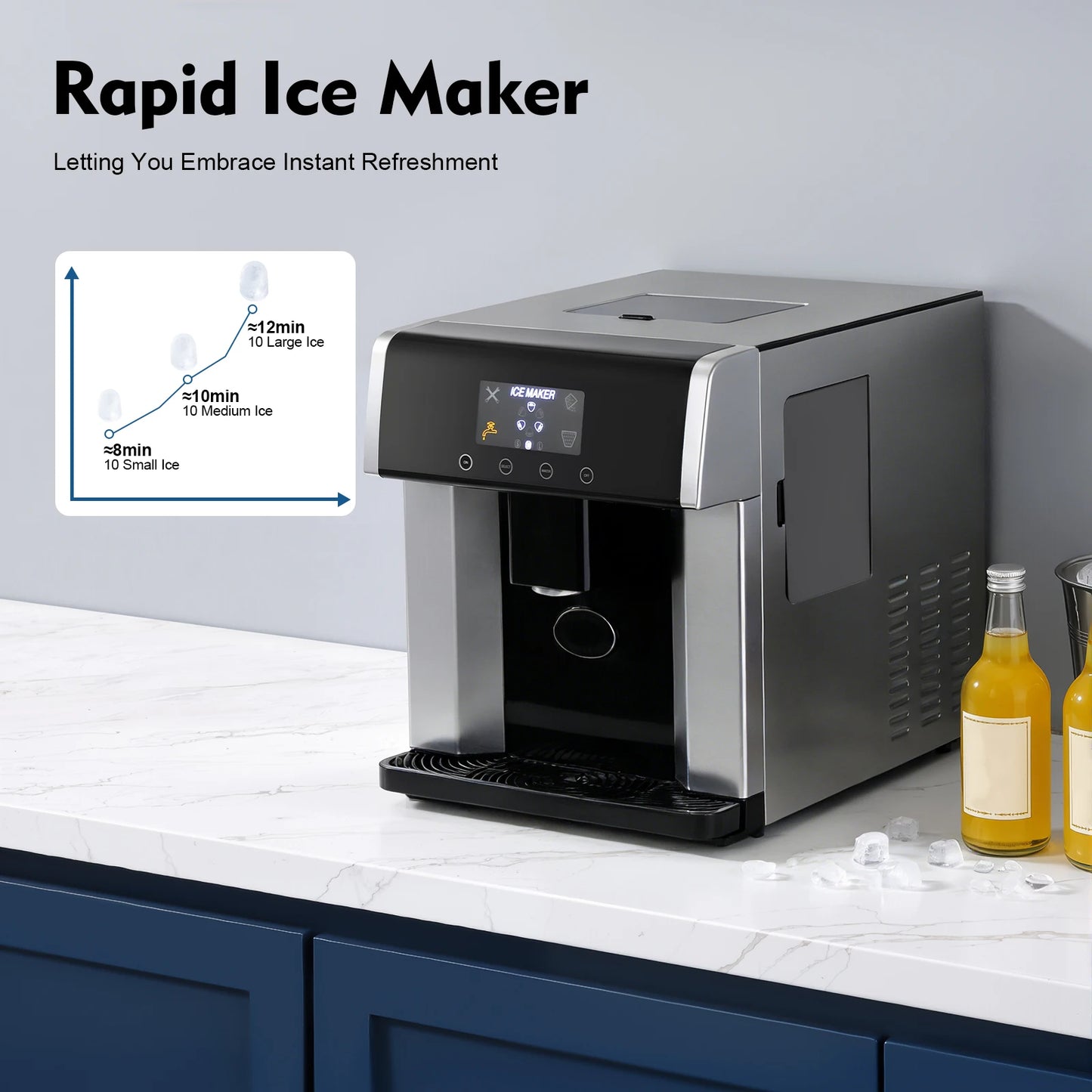 2‑in‑1 Ice Maker Dispenser 8‑12min 10‑15kg/Day 1.32lbs Touch Control Self‑Cleaning for Home Office Cafe Kitchen and Party