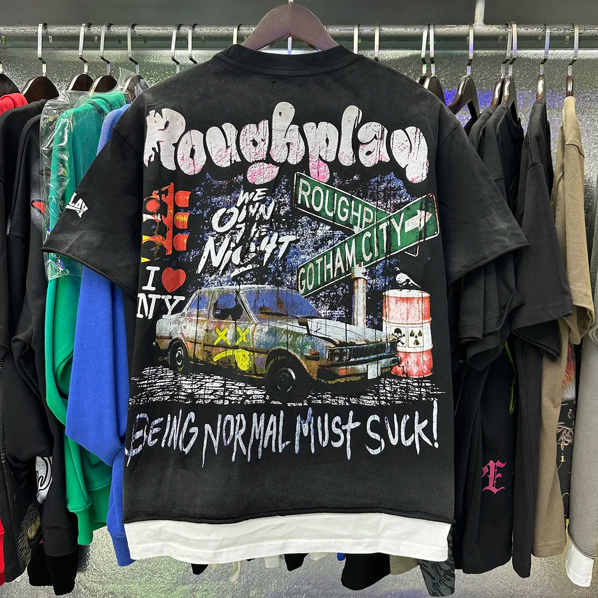 New American Style RoughPlay Splicing Shinning Diamond 100% Cotton Short Sleeve Tshirts for Men Women Crew Neck Loose Summer T-shirt Oversized Tees