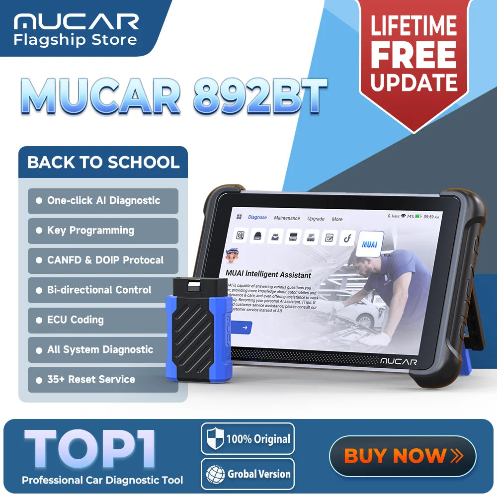 MUCAR 892BT AI  Key Programming  TKEY 101 Automotive Diagnostic Tool Bi directional Obd2 Scanner ECU Coding CANFD DOIP 35 Resets