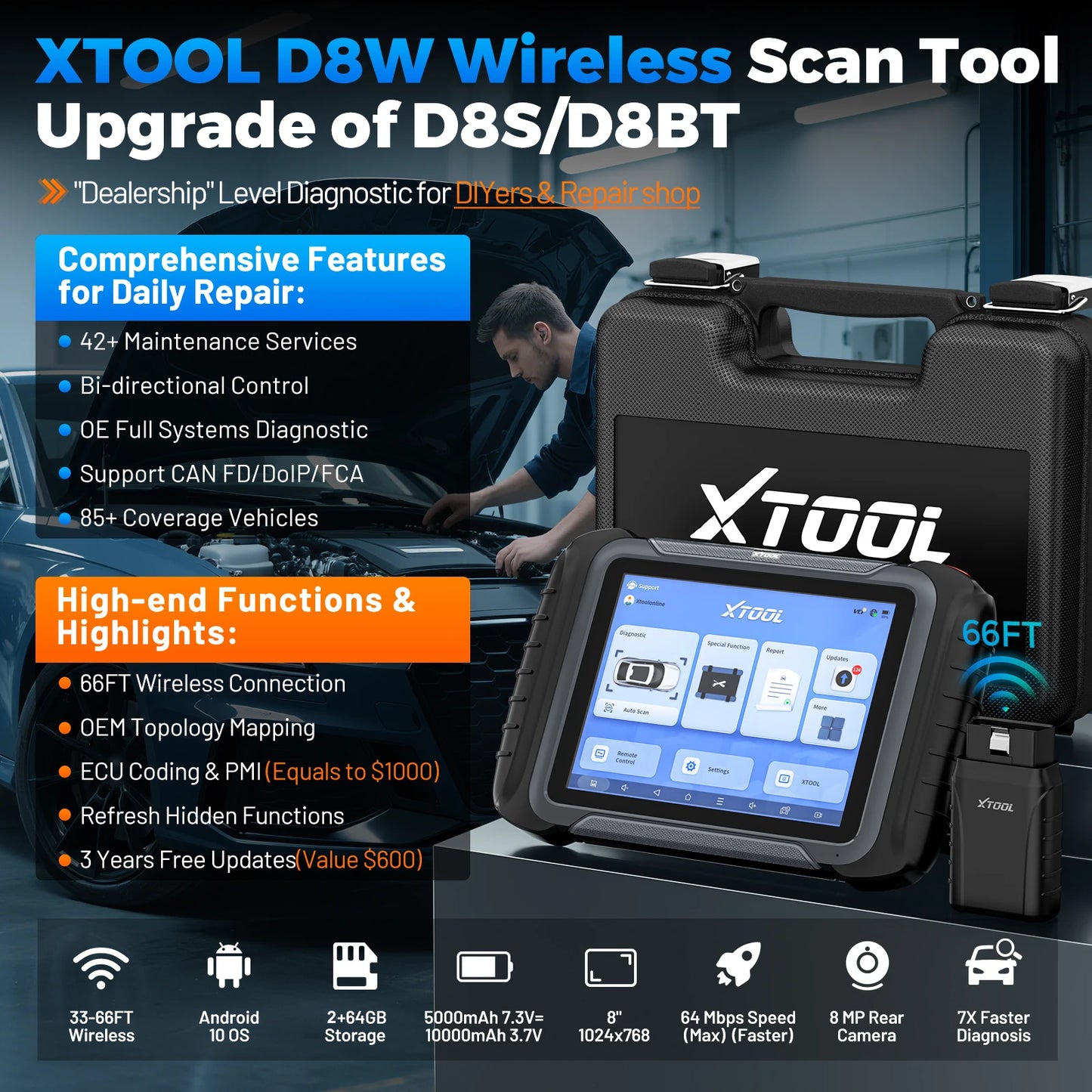XTOOL D8W Bluetooth Diagnostic Tools Upgrade of XTOOL D8S Automotive Scanner With Topology Map Built-in DoIP CAN FD 3-Year Free