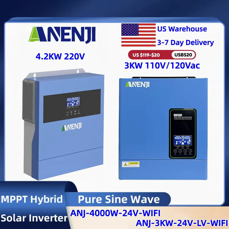 Anenji Hybrid Solar Inverter With Built MPPT Charge Controller