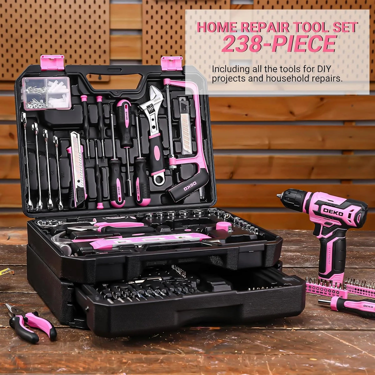 DEKO Home Mechanic Toolbox With Cordless Drill And Storage Drawer