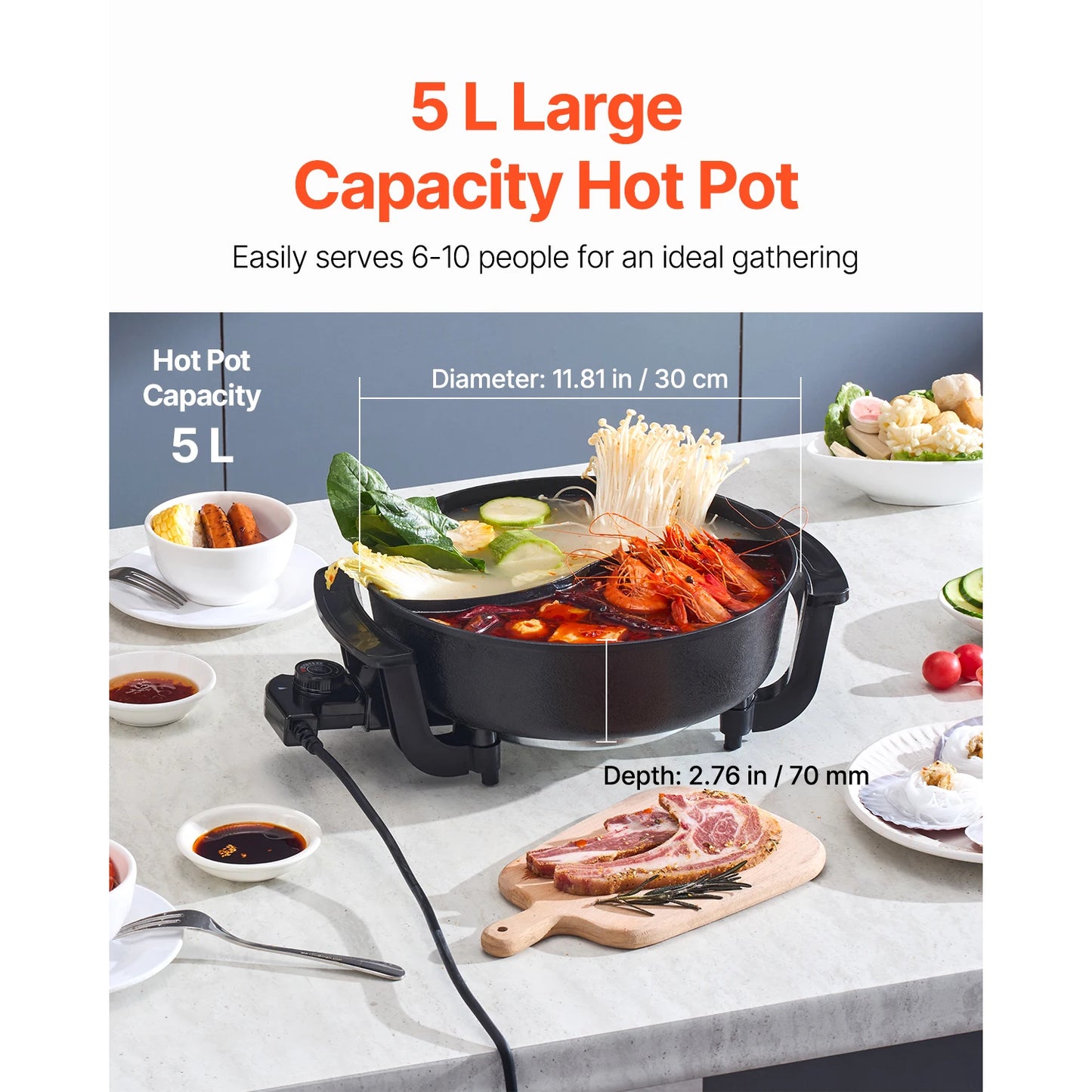 SucceBuy Dual Flavor Electric Hot Pot With Divider Glass Lid
