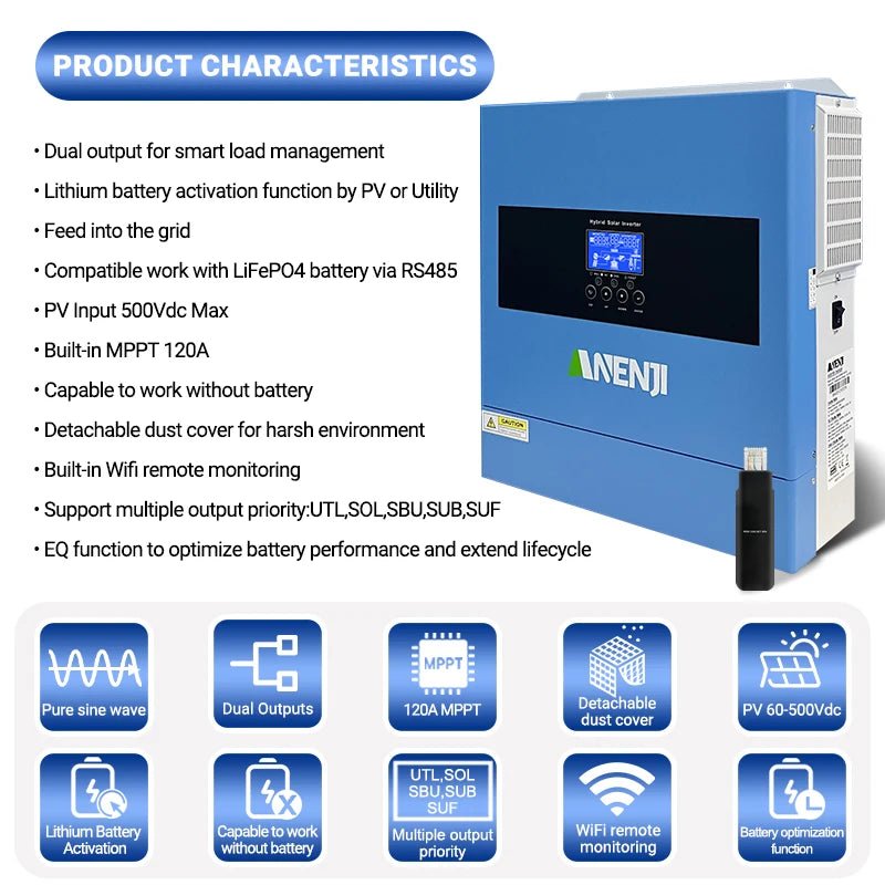 Anenji Hybrid Solar Inverter With Built MPPT Charge Controller