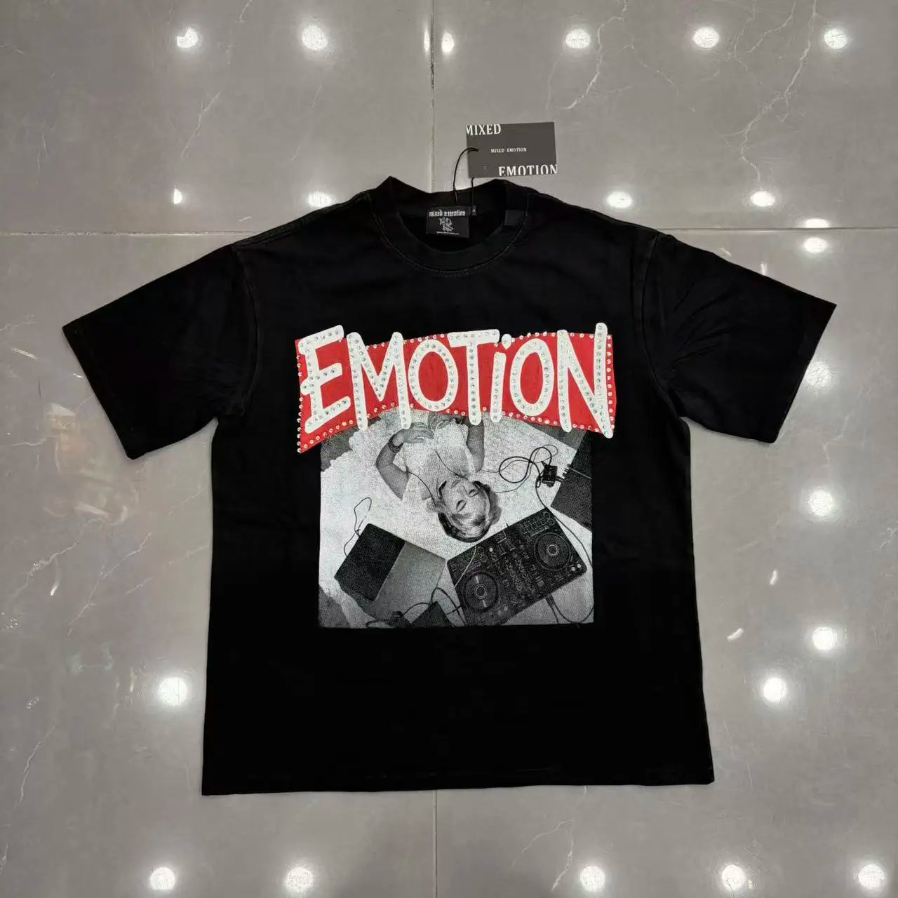 New MIXED-EMOTION Rhinestone printed pattern 100% cotton Men Women T-shirt Loose casual Shinning Diamond Tees Oversized Top