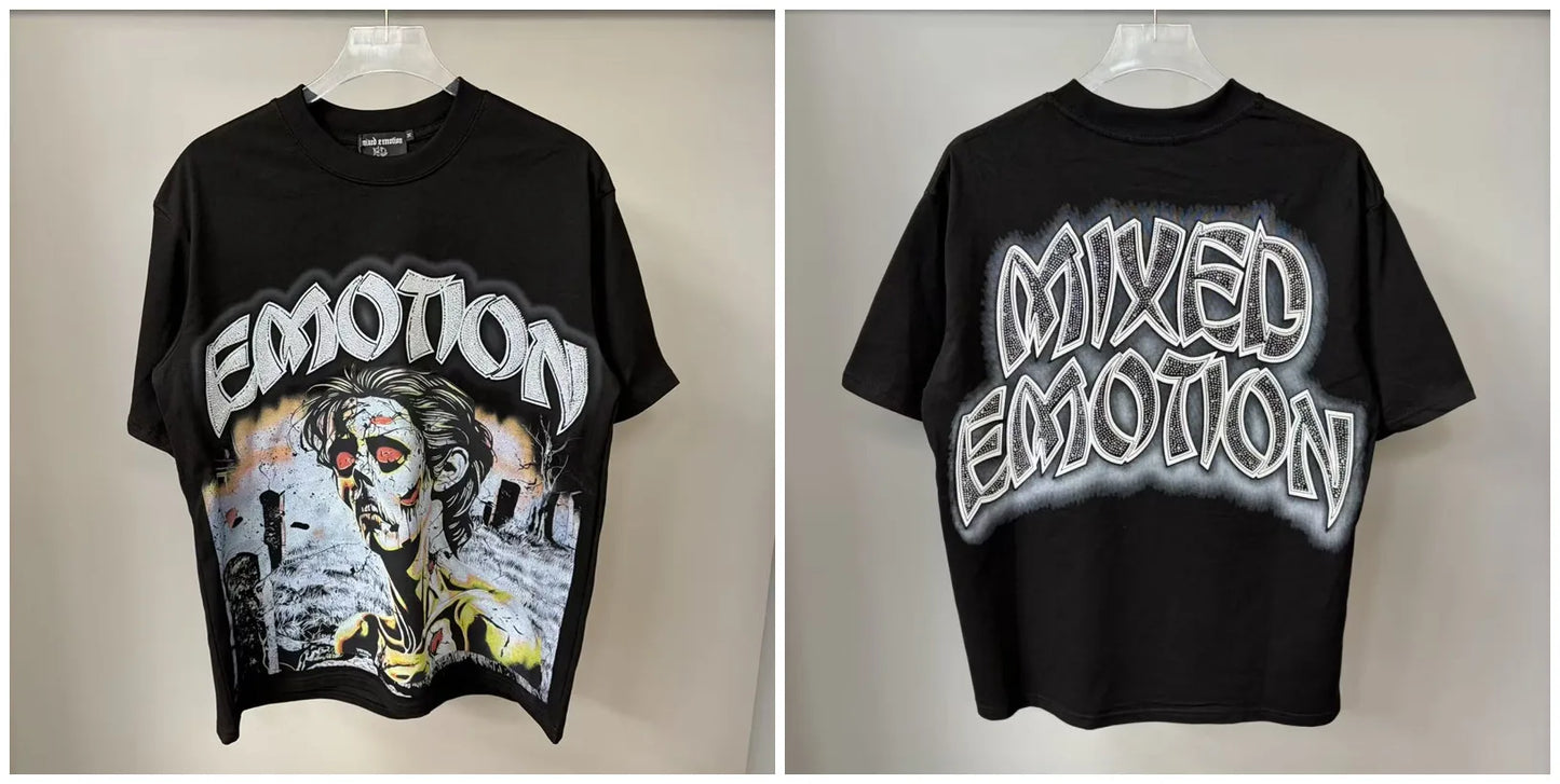 New MIXED-EMOTION Rhinestone printed pattern 100% cotton Men Women T-shirt Loose casual Shinning Diamond Tees Oversized Top