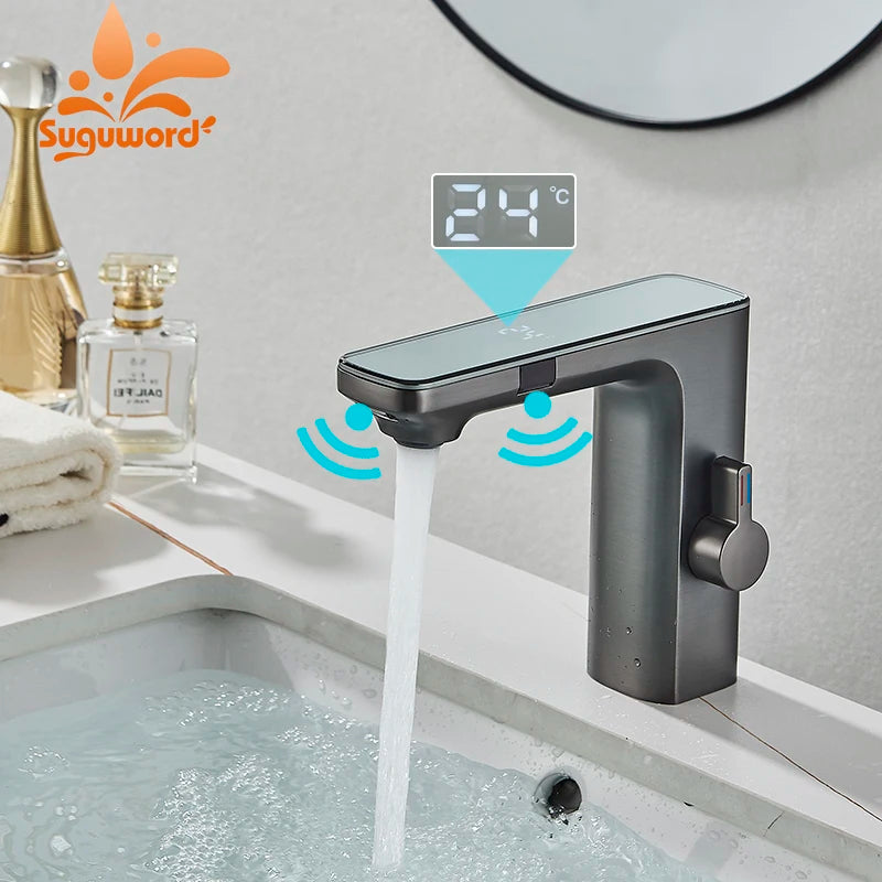 Suguword Touchless Bathroom Faucet Deck Mount Sensor Basin Tap